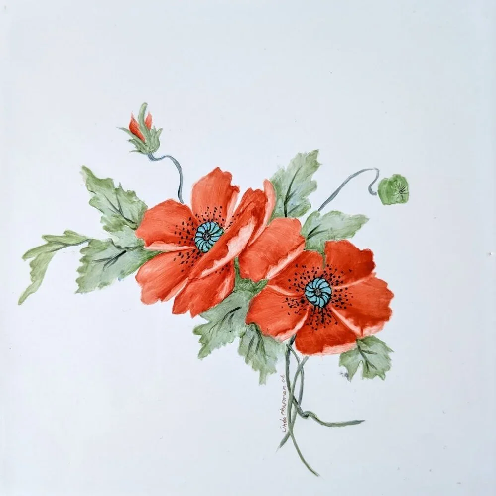 Vintage 2006 Linda Chapman Orange Floral Poppy Ceramic Wood Kitchen Trivet
